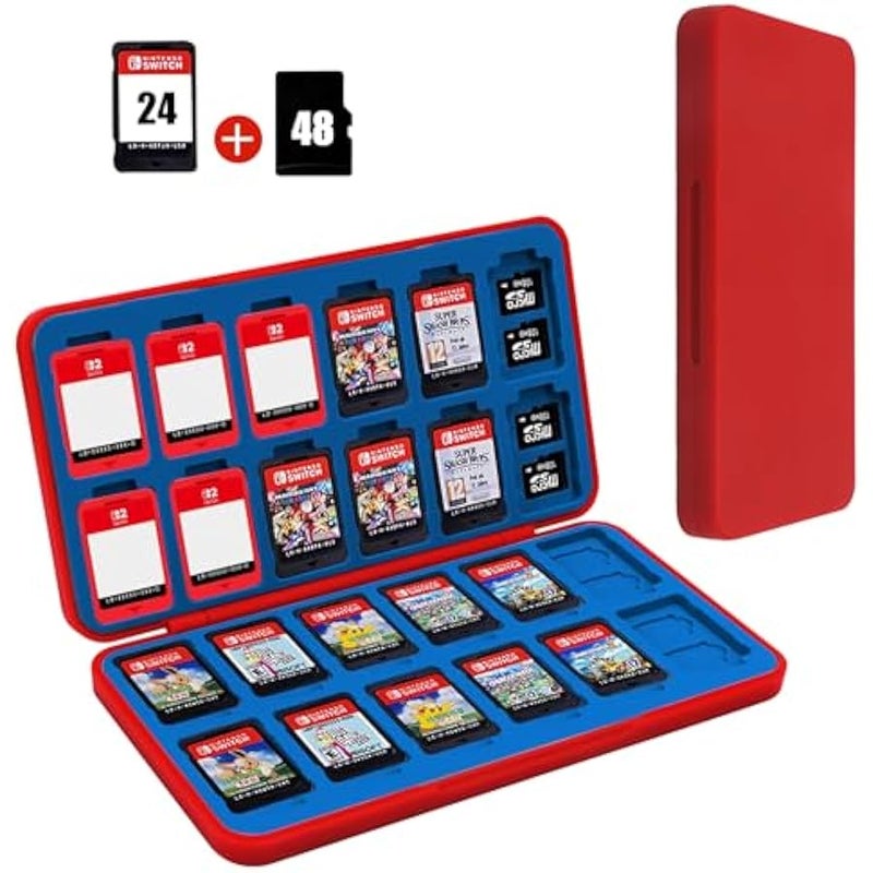 Nintendo Switch Game Case Holder for Switch 2 Cartridge Case with 24 Game Card Slots & 48 Micro SD Card Slots, Hard Shell, Silicone Lining Red Blue - Image 1