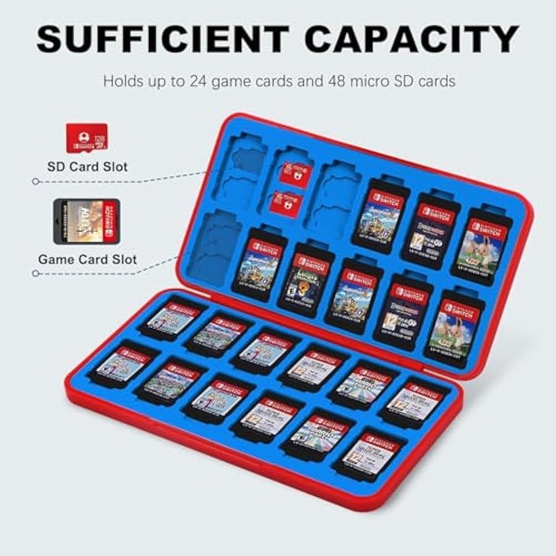 Nintendo Switch Game Case Holder for Switch 2 Cartridge Case with 24 Game Card Slots & 48 Micro SD Card Slots, Hard Shell, Silicone Lining Red Blue - Image 2