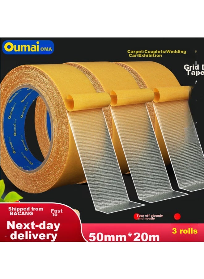 Oumai Grid Double-Sided Tape, Base Adhesive Tape, Seamless Strong Fixation Sticker, Couplets, Spring Festival Couplets, High Viscosity Carpet Double-Sided Tape, Ultra-Adhesive Yellow, 50Mm Wide × 20 Meters, 3 Rolls - Image 1
