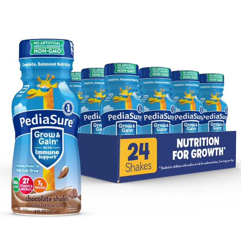 Pediasure بيديا شور جرو آند غين مع دعم المناعة، 27 فيتامينات ومعادن للأطفال، 7 جرام بروتين، غير معدّل وراثياً، خالي من الجلوتين، شوكولاتة، زجاجة سعة 8 أونصات سائلة، عبوة من 24 - Image 1