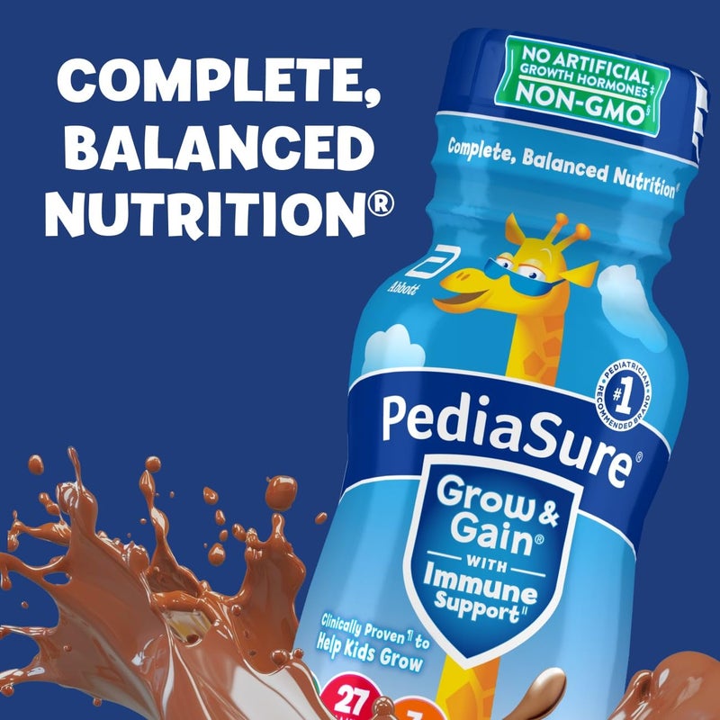 Pediasure بيديا شور جرو آند غين مع دعم المناعة، 27 فيتامينات ومعادن للأطفال، 7 جرام بروتين، غير معدّل وراثياً، خالي من الجلوتين، شوكولاتة، زجاجة سعة 8 أونصات سائلة، عبوة من 24 - Image 4