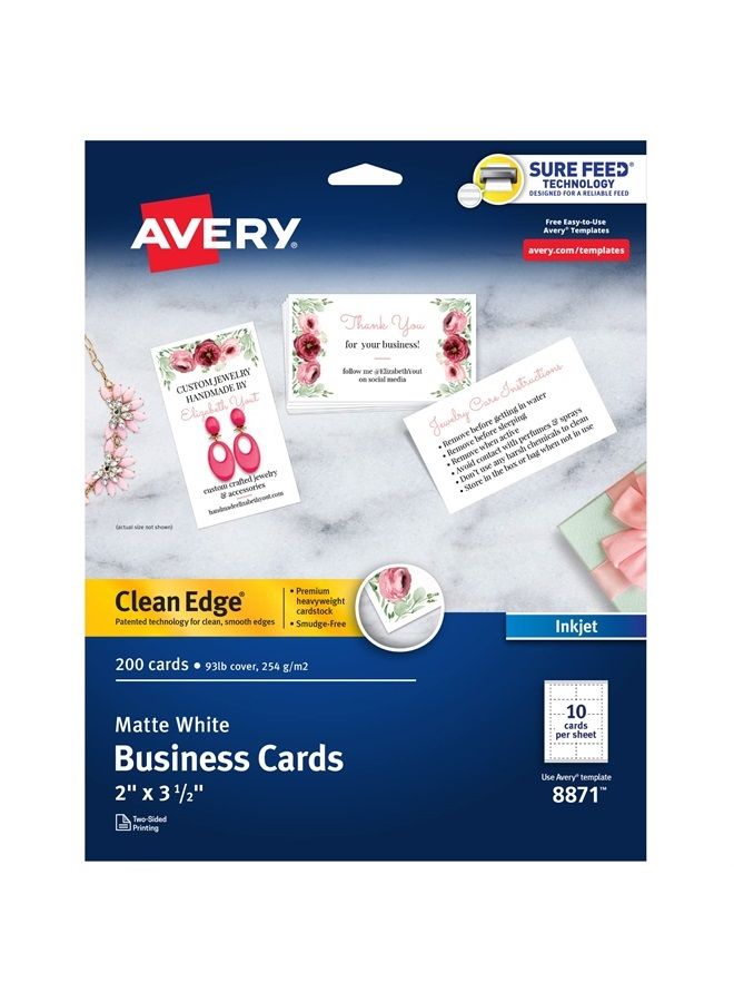 Avery Printable Business Cards, Inkjet Printers, 200 Cards(Pack of 1), 2 x 3.5, Clean Edge, Heavyweight (8871) - Image 1