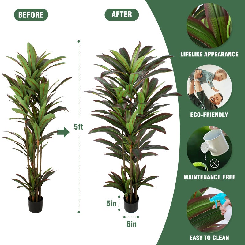 FLOWORLD Dracaena Artificial Plant 5ft Red Yucca Silk Tree Faux Plants Indoor Tall Fake House Floor Plants Realistic Artificial Trees for Home Office Decor Indoor Outdoor Housewarming Gift - Image 3