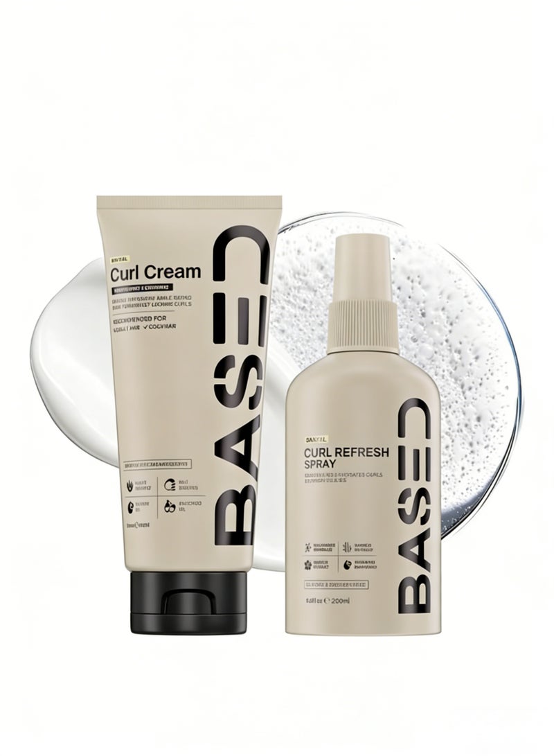 استنادا الي مجموعة العناية بالشعر الكيرلي من بيسد صندل وود، قطعتان: كريم تصفيف + بخاخ مُنعش - ترطيب وتحديد للشعر الكيرلي الطبيعي - Image 1