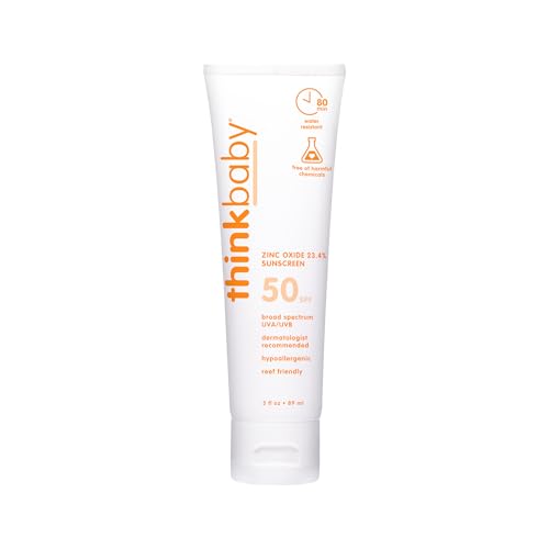 Thinkbaby SPF 50 Baby Mineral Sunscreen Safe Natural Sunblock for Babies Water Resistant Sun Cream Broad Spectrum UVAUVB Sun Protection Vegan Baby Sunscreen Lotion 3 Oz