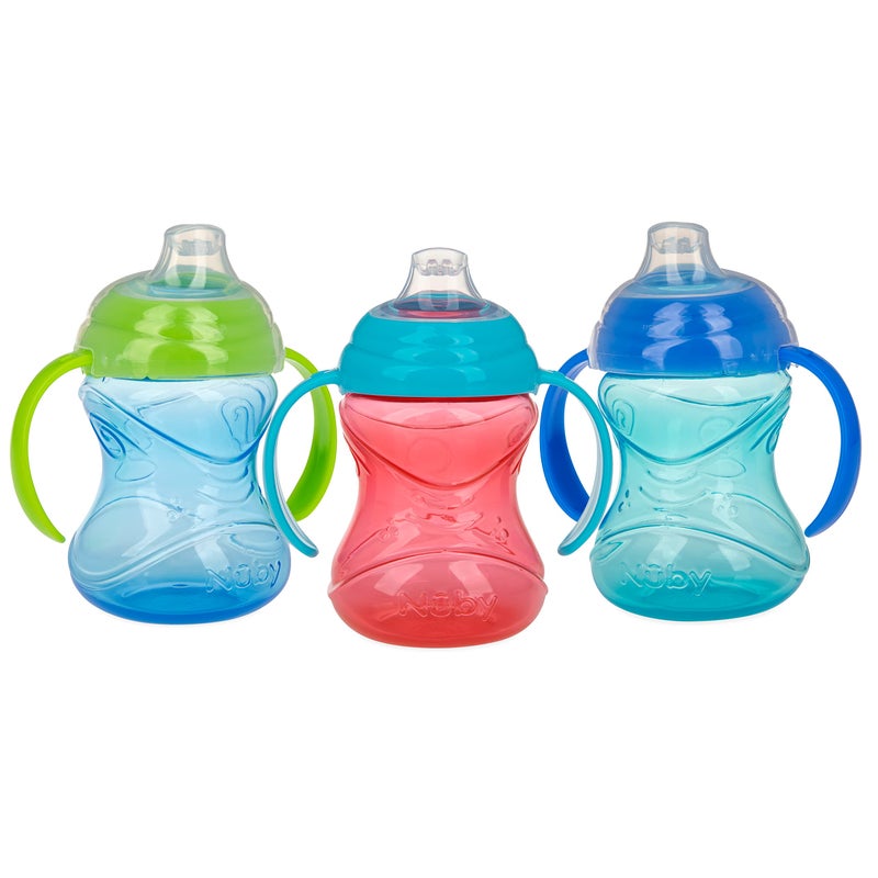 Nuby Clik-It Grip N' Sip Soft Spout No-Spill Training Sippy Cup with Handles - (3-Pack) 10 oz - 4+ Months - Blue/Green/Red - Image 1