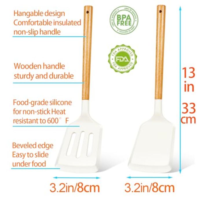 KLAQQED 2Pcs Silicone Spatula Set Turner Heat Resistant for Nonstick Cookware Rubber Wok Turner with Wood Handle, Plastic Spatula Silicone for Cooking Use Kitchen Utensils Set White - Image 3