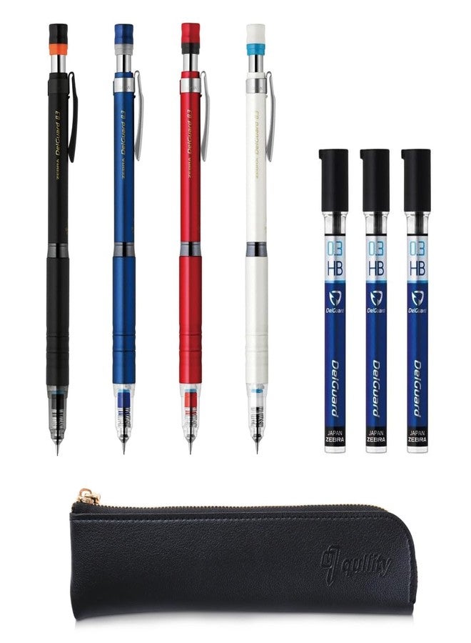 QULLITY ZEBRA Delguard Type Lx 0.3 4 Color Set (Black, Blue, Red, White) and 0.3 HB leads, qullity original Black slim pen case - Image 1