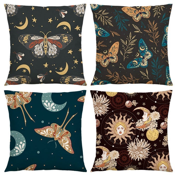SUN AND MOON THROW PILLOW COVERS 18X18 SET OF 4 MYSTERIOUS MOTH BUTTERFLY STARS FLORAL LINEN SQUARE PILLOW CUSHION CASES MODERN HOME DECOR FOR OUTDOOR SOFA BEDROOM CARBLACK YELLOW