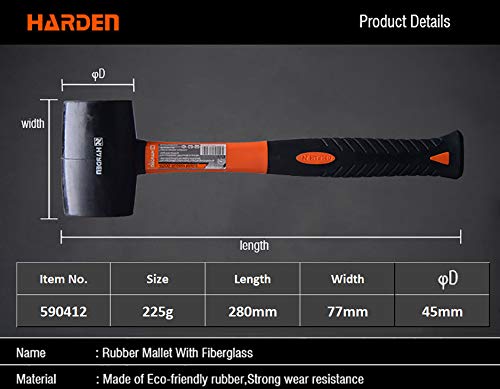 Harden 225 grams Professional Rubber Mallet Hammer With Fiberglass Handle, Black Rubber Head, Comfortable Grip Handle - 590412 - Image 2