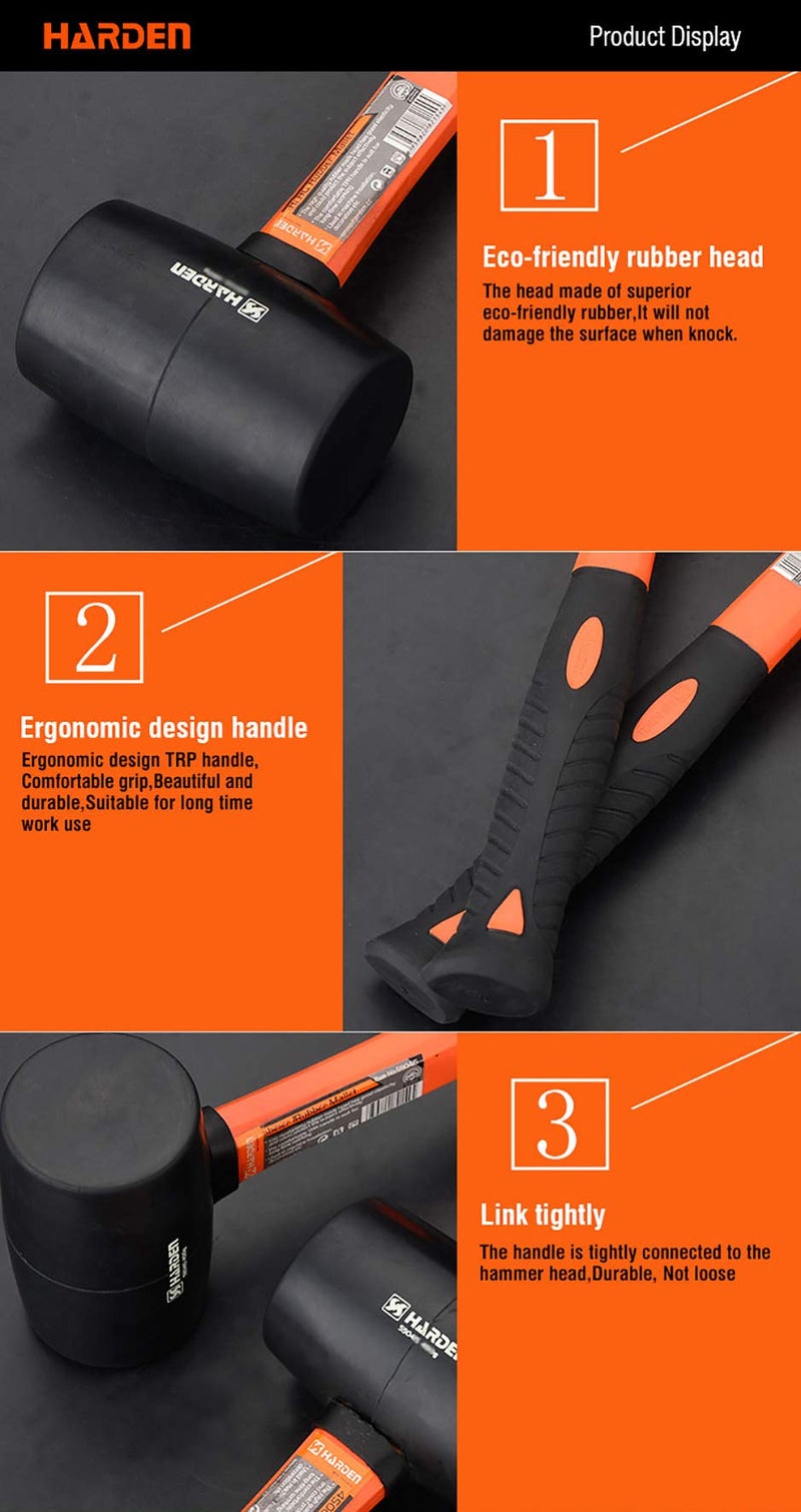 Harden 225 grams Professional Rubber Mallet Hammer With Fiberglass Handle, Black Rubber Head, Comfortable Grip Handle - 590412 - Image 4