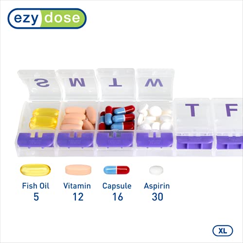 Ezy Dose حافظة حبوب EZY DOSE الأسبوعية (7 أيام)، مخطط الأدوية، صندوق تنظيم الفيتامينات اليومية، مقصورات كبيرة الحجم مع زر دفع، مريحة وسهلة الاستخدام، صديقة لمرضى التهاب المفاصل، أغطية شفافة، قد يختلف اللون، خالية من BPA - Image 3