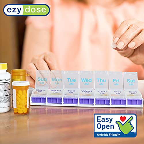 Ezy Dose حافظة حبوب EZY DOSE الأسبوعية (7 أيام)، مخطط الأدوية، صندوق تنظيم الفيتامينات اليومية، مقصورات كبيرة الحجم مع زر دفع، مريحة وسهلة الاستخدام، صديقة لمرضى التهاب المفاصل، أغطية شفافة، قد يختلف اللون، خالية من BPA - Image 4