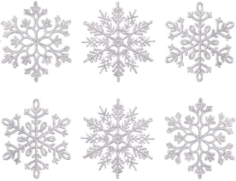 XmasExp 80mm3inch Glitter Snowflake Ornaments Set mini Christmas Tree Hanging Plastic Decoration for Xmas Party Wedding Anniversary Window Door Home Accessories 30pcsSilver