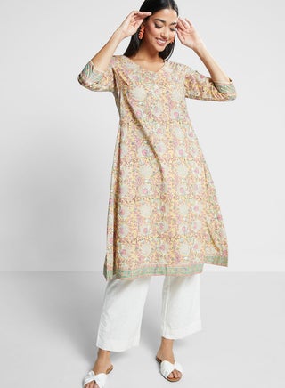 Floral Print V-Neck Kurti