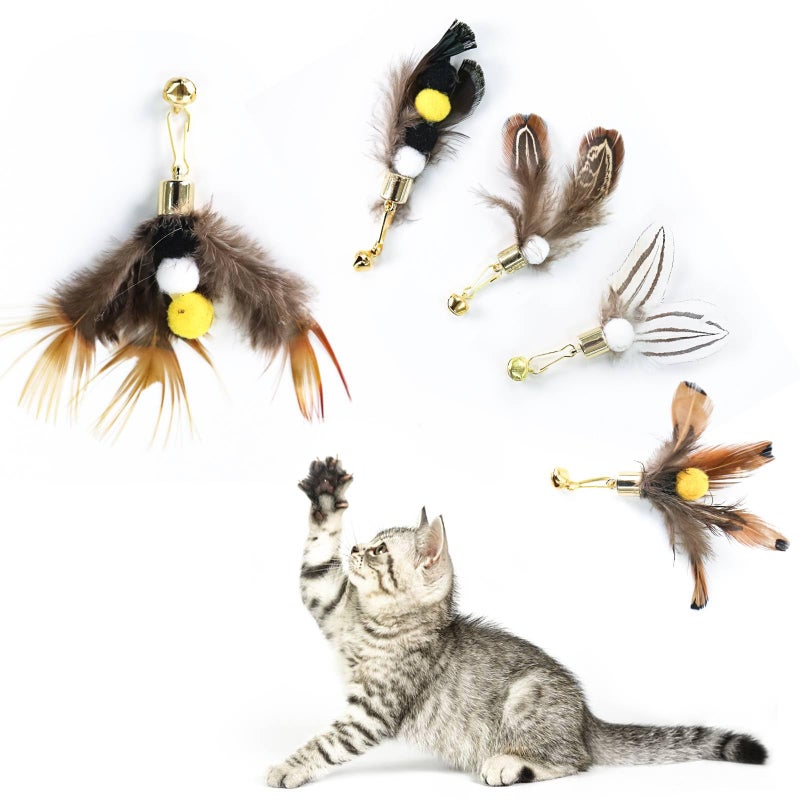 Hokoad Cat Insect Feather Toys Replacement Cat Toy Wand Refills, 6 Pieces Natural Insect Cat Toy Feathers Refill, Interactive Cat Teaser Wand Attachments, with Bell - Image 5