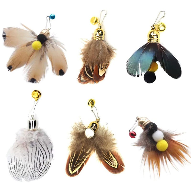 Hokoad Cat Insect Feather Toys Replacement Cat Toy Wand Refills, 6 Pieces Natural Insect Cat Toy Feathers Refill, Interactive Cat Teaser Wand Attachments, with Bell - Image 1