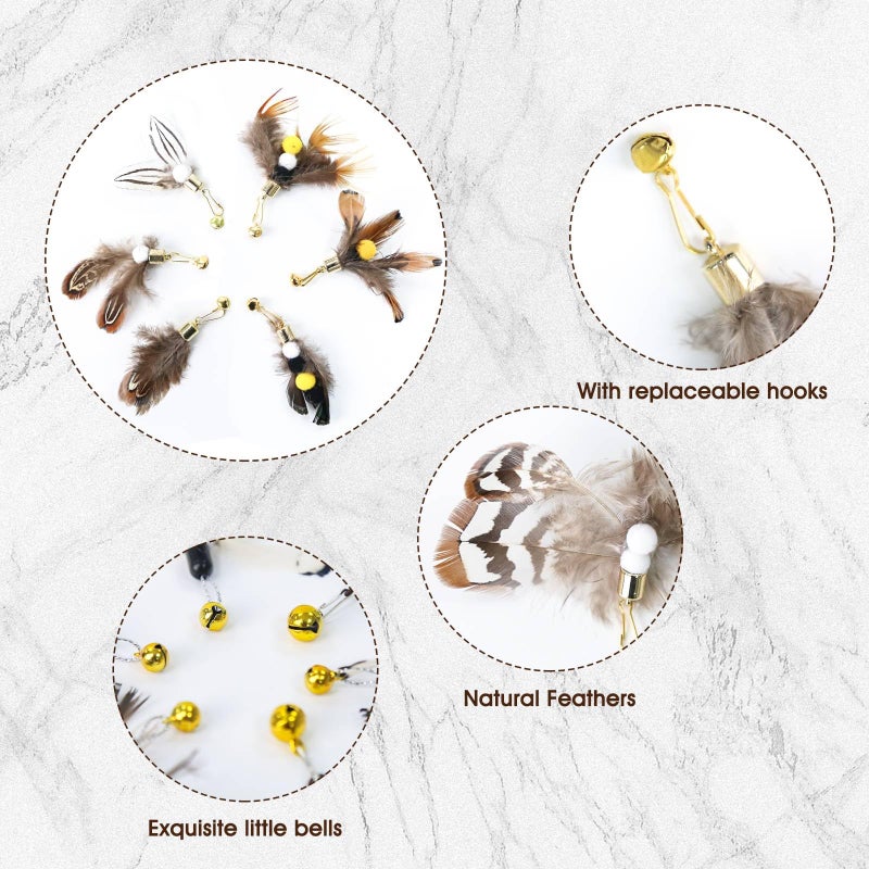 Hokoad Cat Insect Feather Toys Replacement Cat Toy Wand Refills, 6 Pieces Natural Insect Cat Toy Feathers Refill, Interactive Cat Teaser Wand Attachments, with Bell - Image 2