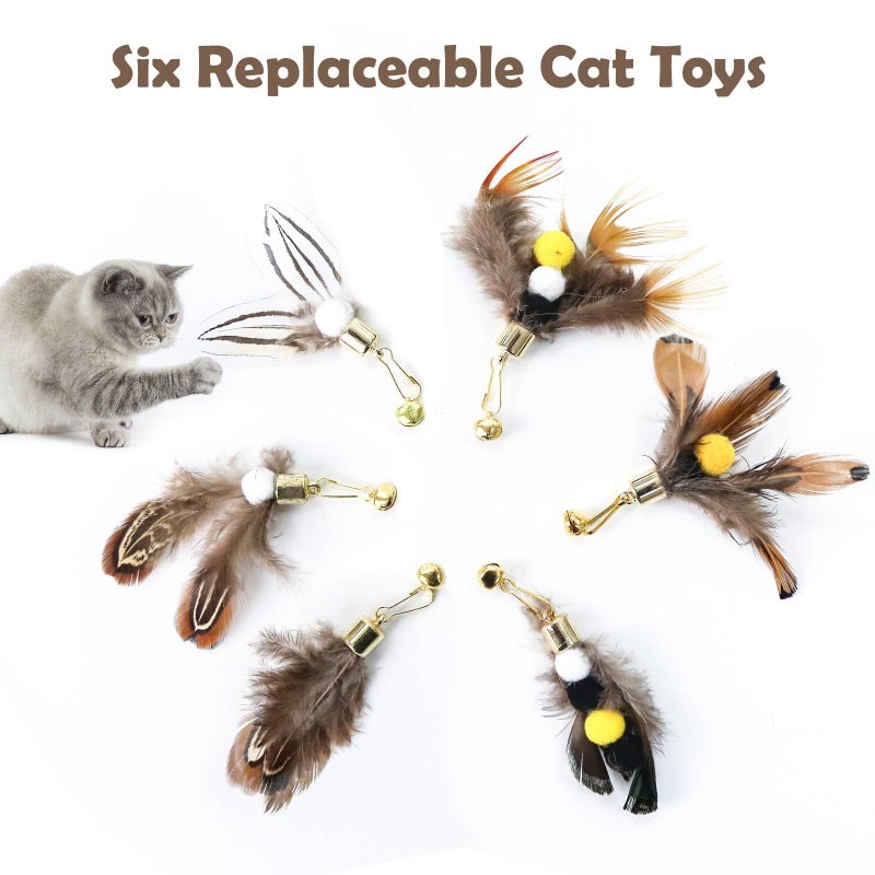 Hokoad Cat Insect Feather Toys Replacement Cat Toy Wand Refills, 6 Pieces Natural Insect Cat Toy Feathers Refill, Interactive Cat Teaser Wand Attachments, with Bell - Image 3