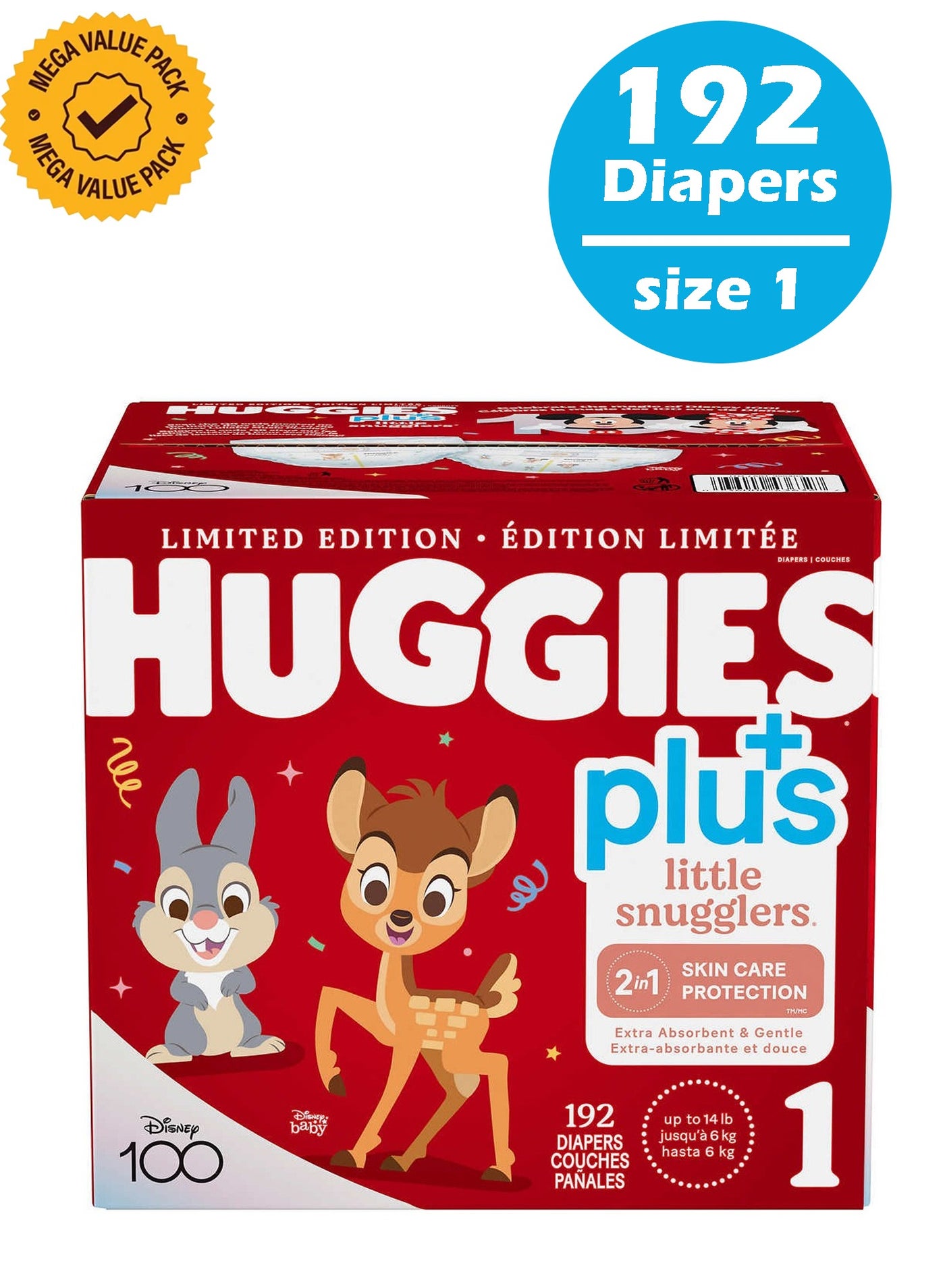 HUGGIES 192-Piece Little Snugglers Plus With 2 in 1 Skin Protect Limited Edition Baby Diapers Size 1