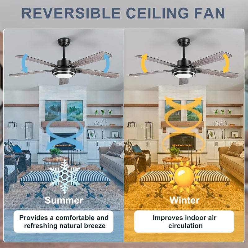 Ohniyou 52 Inch Ceiling Fan with Light & Remote Control, 6 Speed, Dimmable Light, Reversible, Silent DC Motor, Black Farmhouse Ceiling Fan for Indoor and Outdoor - Image 2