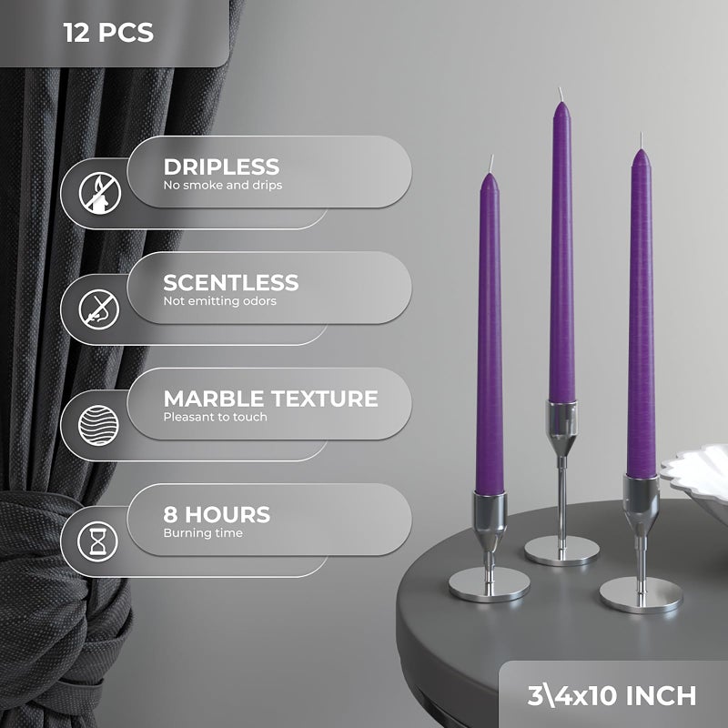 CANDWAX شموع كاندواكس 10 بوصة - مجموعة من 12 - بدون تسرب، غير معطرة - مثالية للعشاء والمنزل - بنفسجي - Image 3