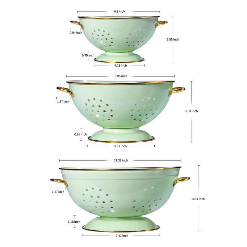 BeFare Metal Colander Set of 3, Strainer Basket with Handles perfect for Spaghetti, Pasta, Berry, Vegetable, Fruit, Solid Base Powder Coated Kitchen Essential Strainer Set, 1 & 3.5 & 5 Qt (Green) - Image 2