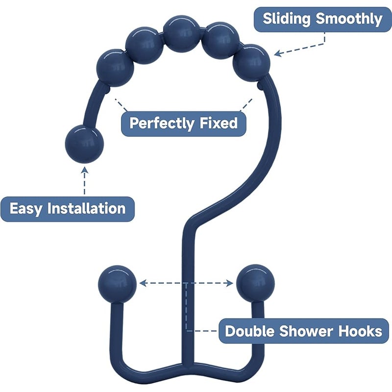 Titanker Shower Curtain Hooks Rings, Rust-Resistant Metal Double Glide Shower Hooks for Bathroom Shower Rods Curtains, Set of 12 Hooks - Navy Blue - Image 4