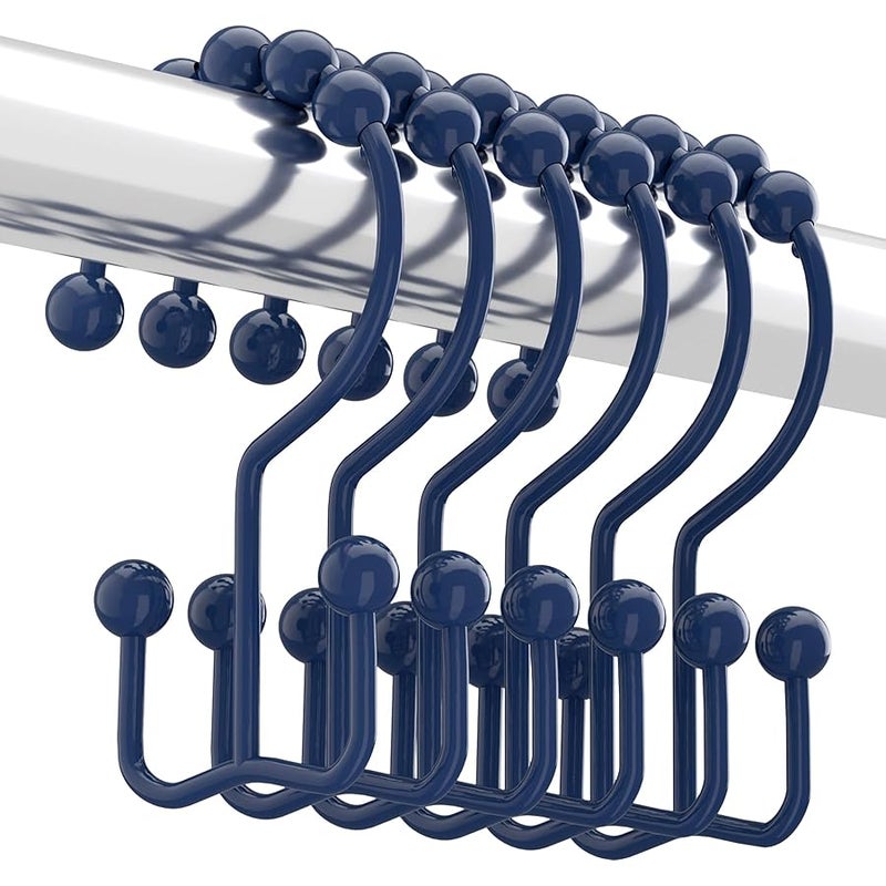 Titanker Shower Curtain Hooks Rings, Rust-Resistant Metal Double Glide Shower Hooks for Bathroom Shower Rods Curtains, Set of 12 Hooks - Navy Blue - Image 1
