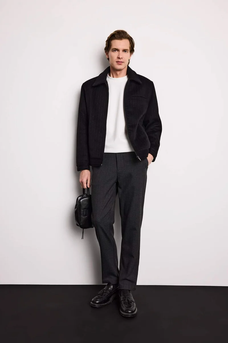 ديفاكتو Regular Fit Polo Collar Lined Zippered Wool Jacket