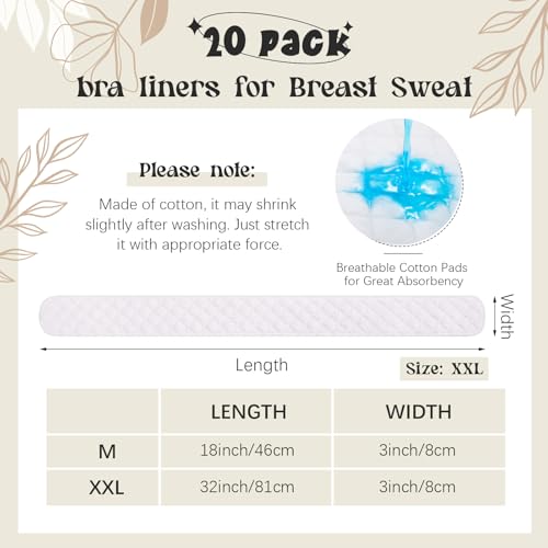 Toulite 20 Pcs Bra Liners for Sweat 18x3 Inch 3 Layer Washable Rectangle Cotton Under Breasts Pads for Women Absorb Sweating (White,M) - Image 2