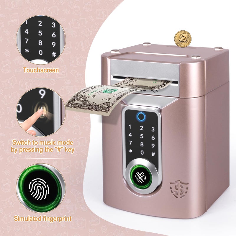 Refasy Touchscreen Piggy Bank ATM Bank Toy for Kids Age 3-12, Electronic Money Bank Coin Bank with Music Kids Safe Birthday Xmas Gifts Toys for 3 4 5 6 7 8 9 10 11 12 Year Old Boys Girls (Rose Gold) - Image 3
