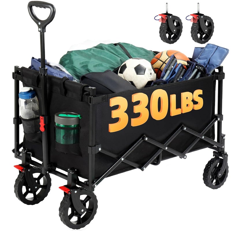 Finnhomy 150L Folding Wagon with Brake, Collapsible Beach Trolley, 150KGs Capacity, Garden Trolley Wagon with Drink Holders - Image 1