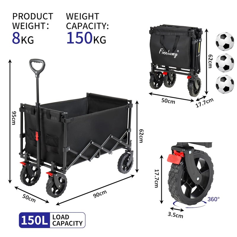 Finnhomy 150L Folding Wagon with Brake, Collapsible Beach Trolley, 150KGs Capacity, Garden Trolley Wagon with Drink Holders - Image 4