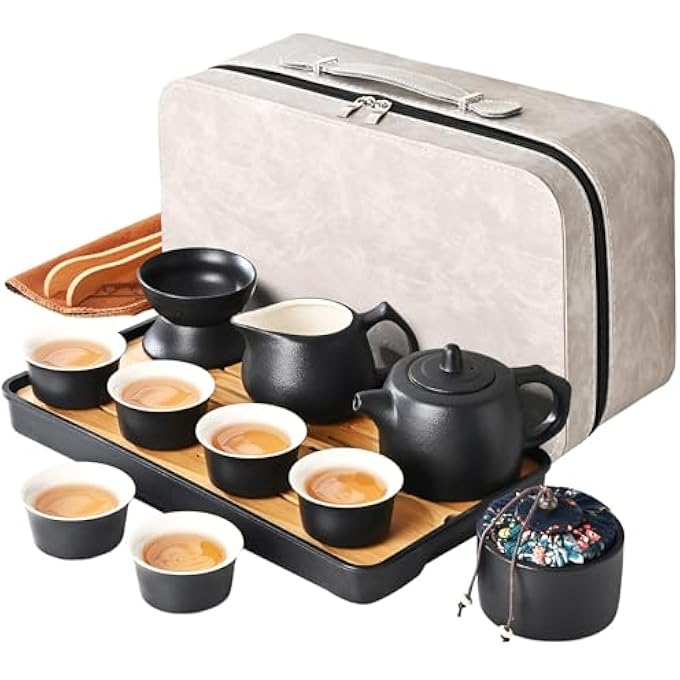 ريحني طقم شاي غونغفو الصيني مع إبريق شاي أكواب شاي كوب غونغداو طقم شاي صيني محمول يدوي تقليدي مناسب للسفر إلى المنزل وخارجه والمكتب جينغلان 6 أكواب - Image 1