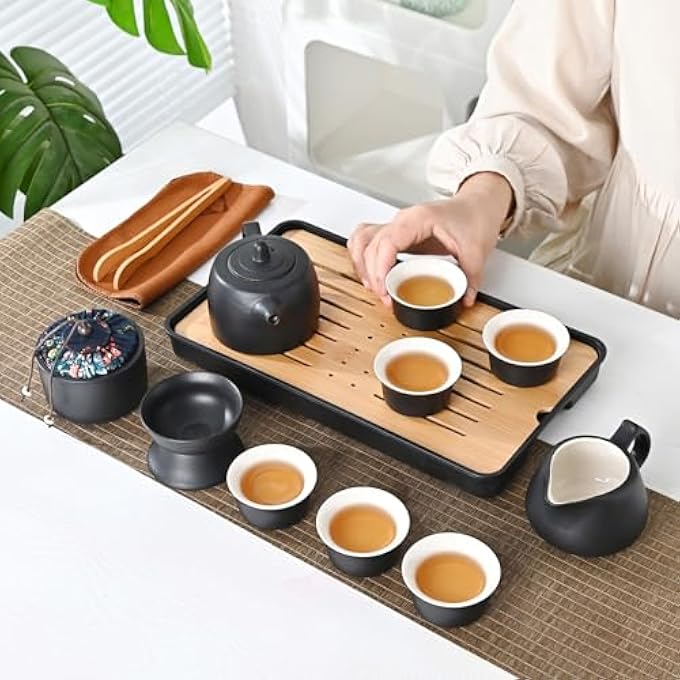 ريحني طقم شاي غونغفو الصيني مع إبريق شاي أكواب شاي كوب غونغداو طقم شاي صيني محمول يدوي تقليدي مناسب للسفر إلى المنزل وخارجه والمكتب جينغلان 6 أكواب - Image 4