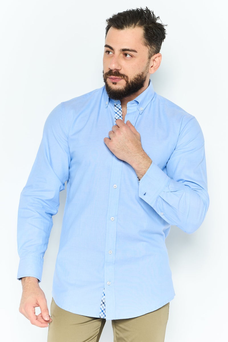 Tailorbyrd Men Regular Fit Embroidered Logo Long Sleeves Casual Shirt, Blue - Image 1