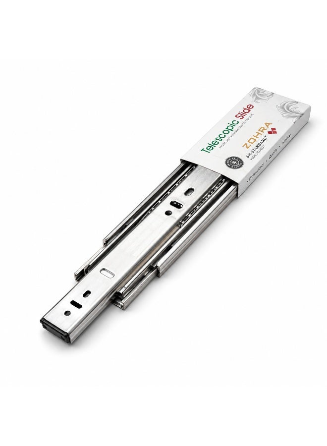 Zohra 2PC Telescopic Drawer Slide 12inch, Heavy Duty Ball Bearing Drawer Runner, Smooth Sliding Rail For Cabinet, Wardrobe, Kitchen And Furniture, Silver - Image 1