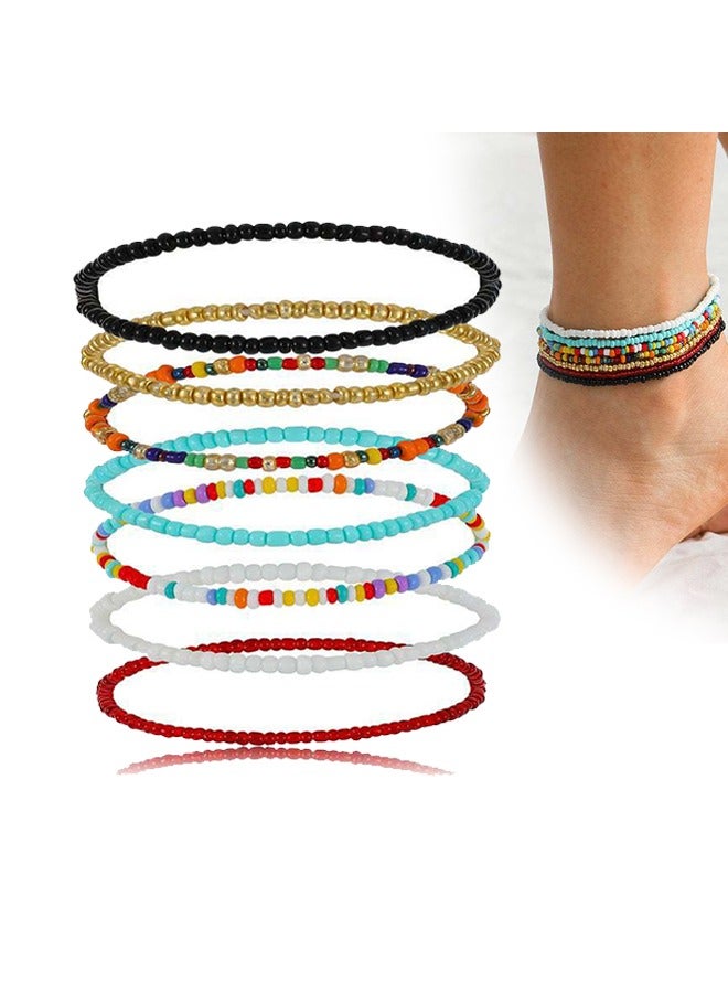 Multilayered Women Anklets, Women Ankle Bracelets Beaded Bracelet Elastic Foot and Hand Chain Jewelry, Personality Creative Anklet, Boho Handmade Beads Colorful (7Pcs, Set-1) - Image 1