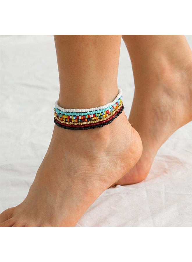 Multilayered Women Anklets, Women Ankle Bracelets Beaded Bracelet Elastic Foot and Hand Chain Jewelry, Personality Creative Anklet, Boho Handmade Beads Colorful (7Pcs, Set-1) - Image 2