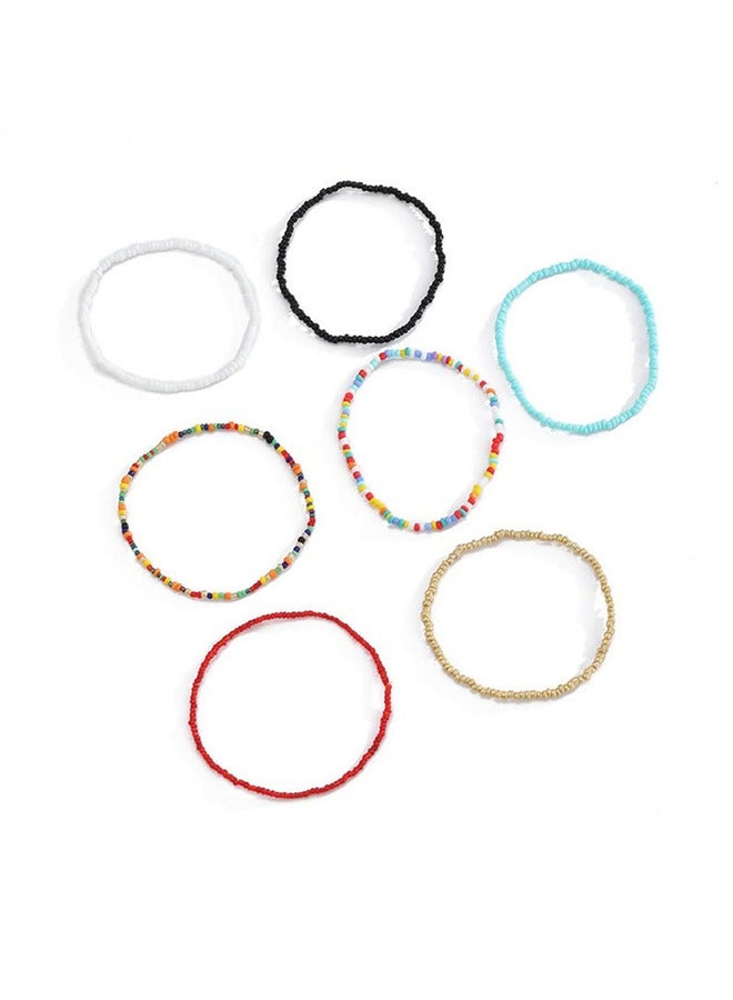 Multilayered Women Anklets, Women Ankle Bracelets Beaded Bracelet Elastic Foot and Hand Chain Jewelry, Personality Creative Anklet, Boho Handmade Beads Colorful (7Pcs, Set-1) - Image 4