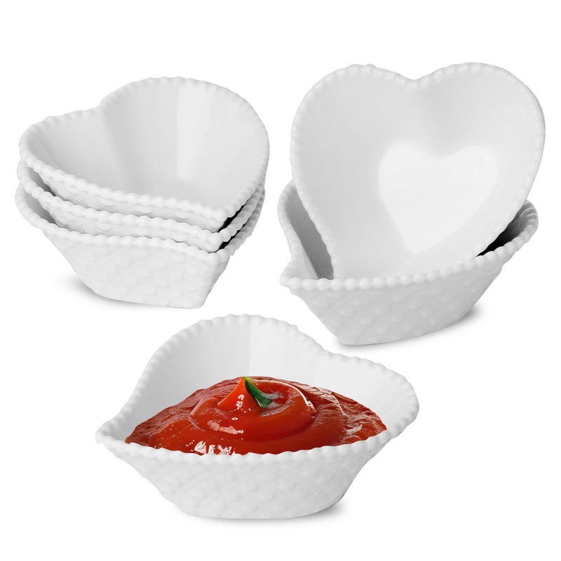 UIBFCWN 6 Pack 1.7 Oz Ceramic Soy Sauce Dish, White Dipping Sauce Bowls, Heart Shape Dipping Bowls for Ketchup, Vinegar, Sushi, BBQ and Party Dinner, Condiment Server - Image 1