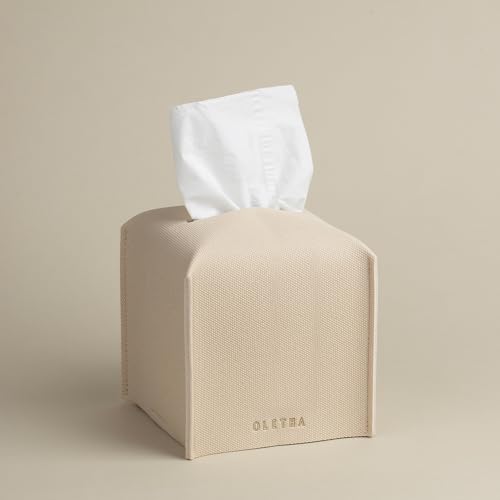 OLETHA Square Tissue Box Cover - Aesthetic Modern Farmhouse Decor for Room, Home & Office - Tissues Cube Boxes Holder - Canvas Grain, Greige - Image 1