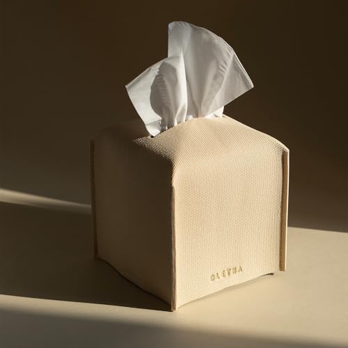 OLETHA Square Tissue Box Cover - Aesthetic Modern Farmhouse Decor for Room, Home & Office - Tissues Cube Boxes Holder - Canvas Grain, Greige - Image 2