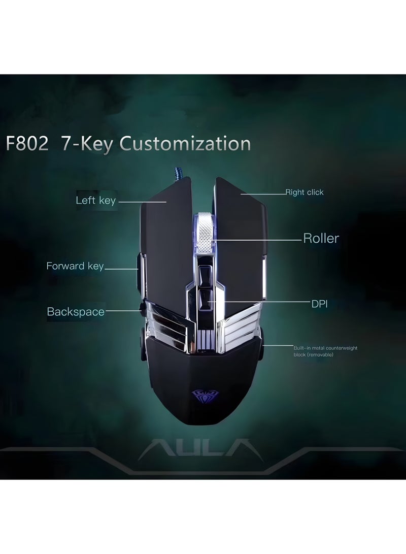 AULA F802 Wired Gaming Mouse - 4-Color Backlight - Customizable Buttons with High DPI Precision - USB Connection - Black - Image 4