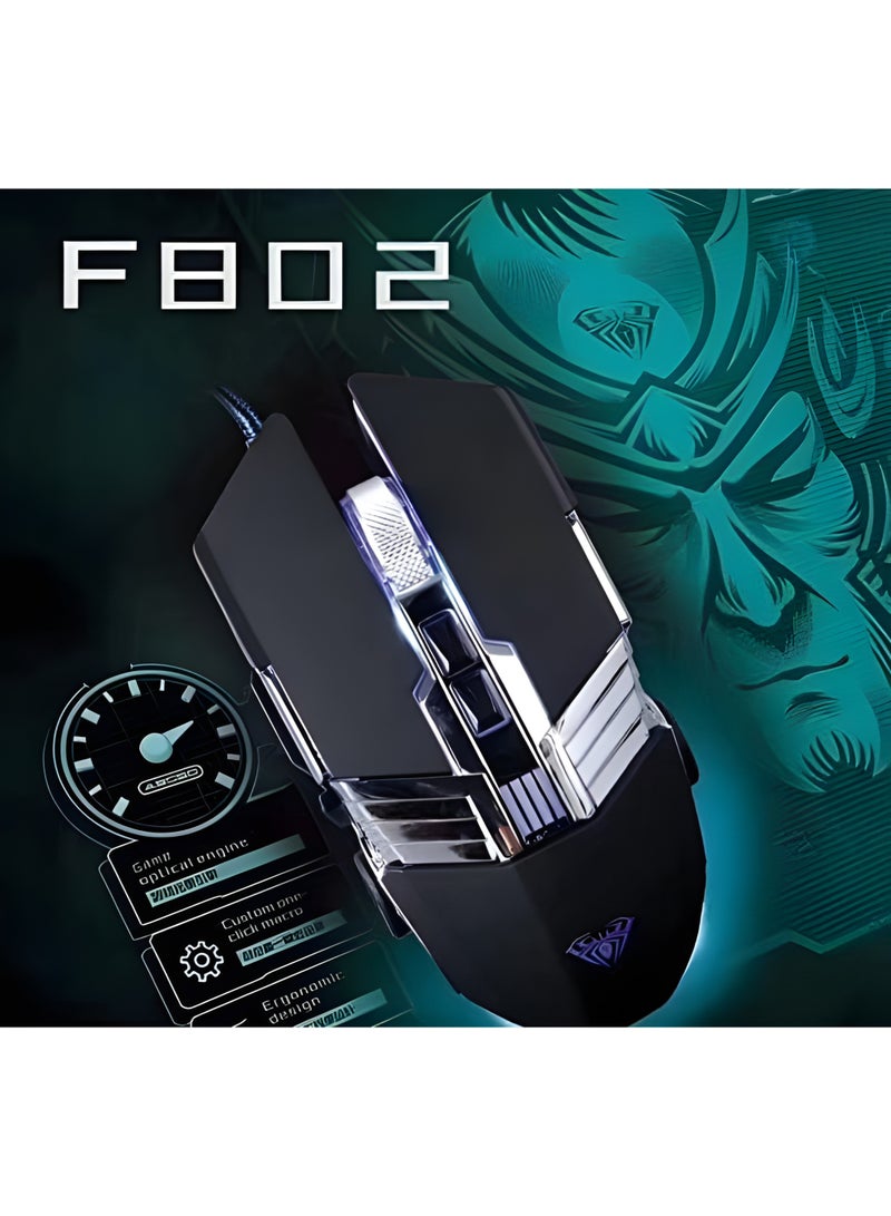 AULA F802 Wired Gaming Mouse - 4-Color Backlight - Customizable Buttons with High DPI Precision - USB Connection - Black - Image 5