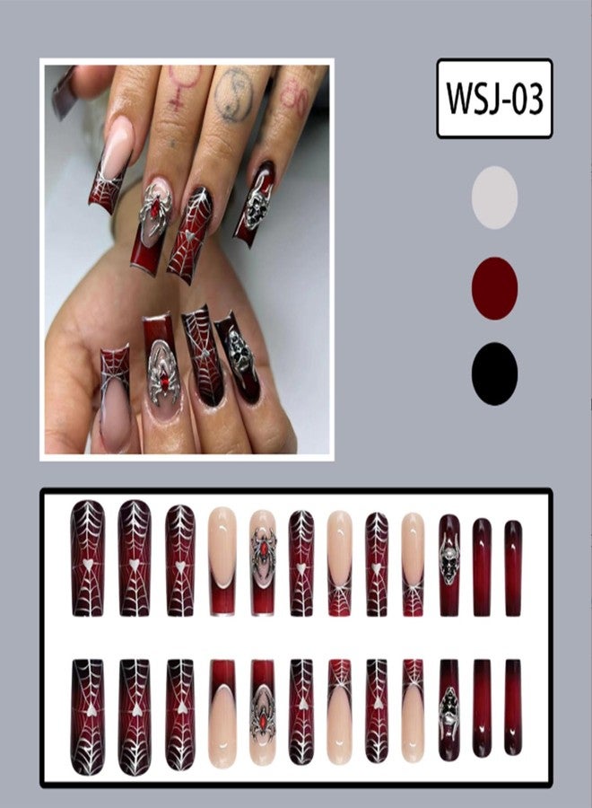 NICENEEDED 24 PCS Halloween Spider Web Skull Press on Nails, Long Suqare Dark Black Red False Nails, Plastic Full Cover Fake Nails with Jelly Glue for Women Nails - Image 3