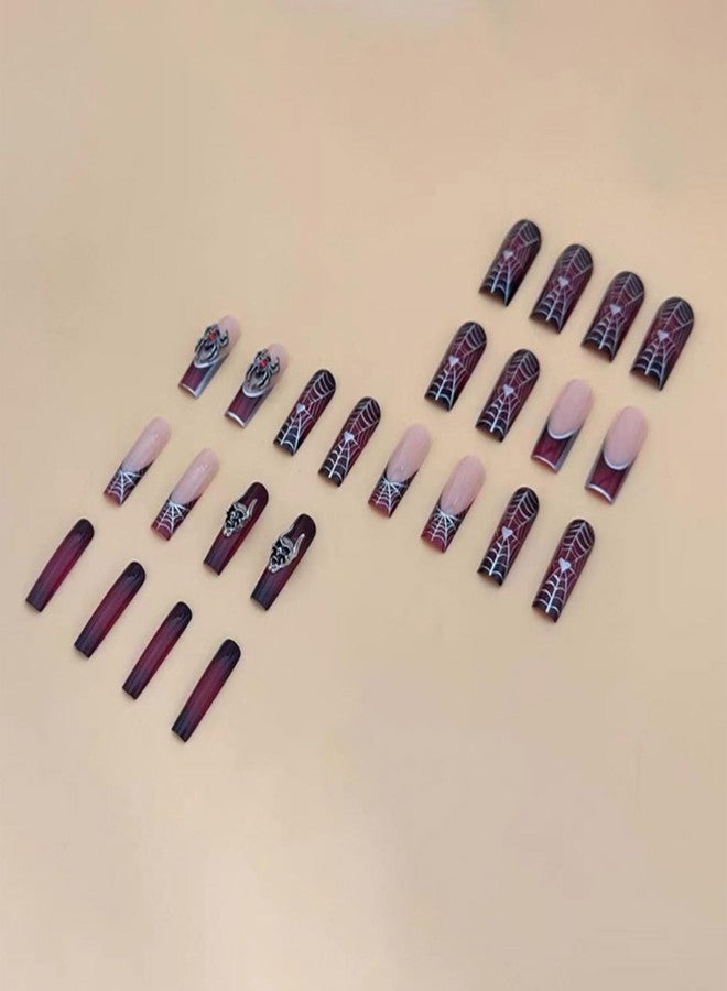 NICENEEDED 24 PCS Halloween Spider Web Skull Press on Nails, Long Suqare Dark Black Red False Nails, Plastic Full Cover Fake Nails with Jelly Glue for Women Nails - Image 4