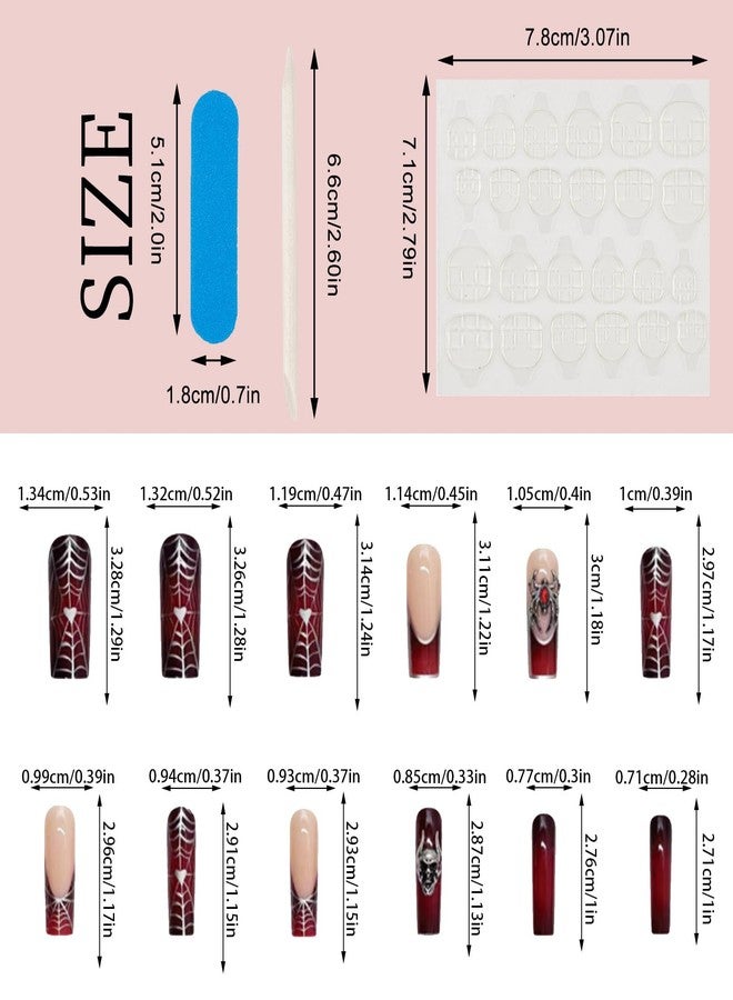NICENEEDED 24 PCS Halloween Spider Web Skull Press on Nails, Long Suqare Dark Black Red False Nails, Plastic Full Cover Fake Nails with Jelly Glue for Women Nails - Image 2