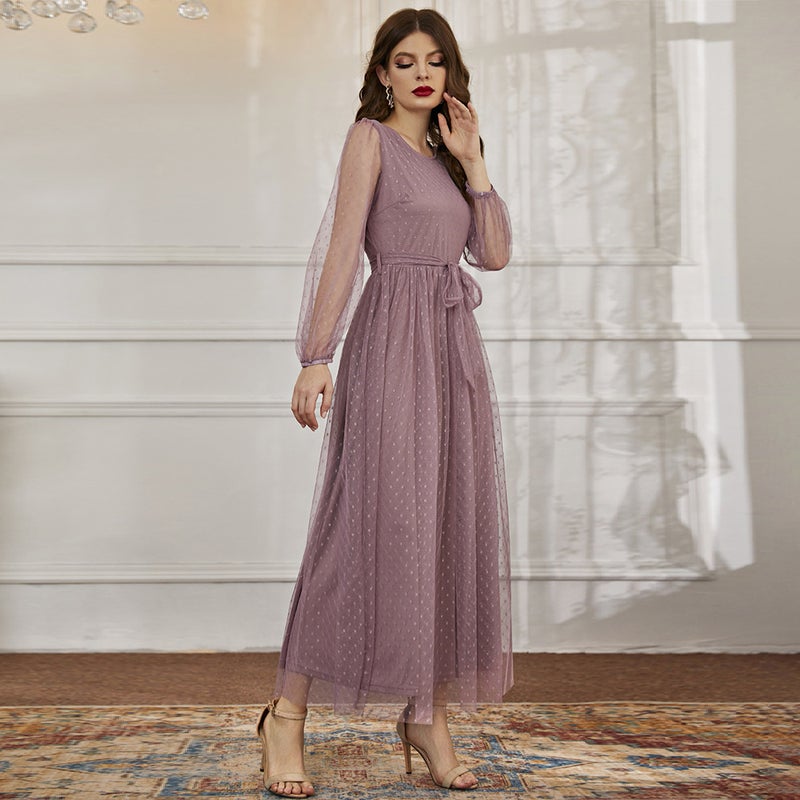 ZTY-465 European and American womens clothing 2023 autumn and winter short sleeve new cross-border fashion casual crew neck mesh dress lotus root starch 